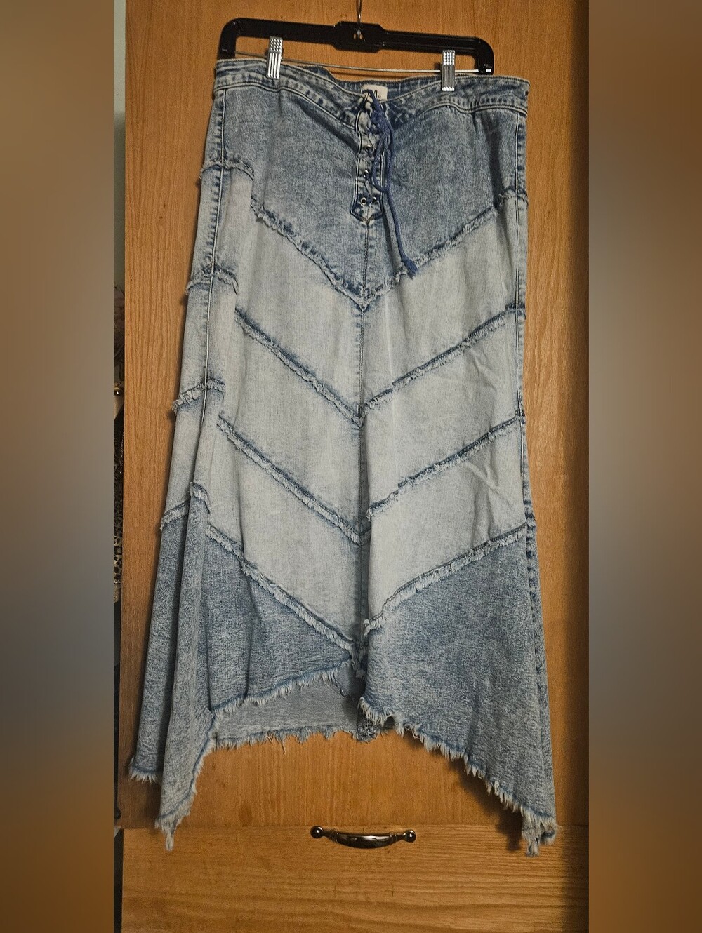 Two Tone Denim Chevron Midi Skirt - Light Blue, Assymetrical Hem